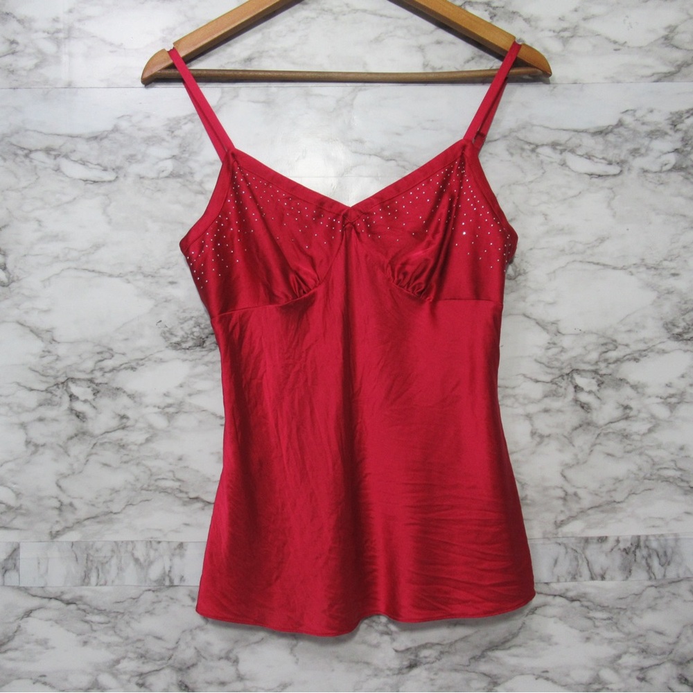 Express Design Studio Y2K Red Silk Cami Tank Top Size Medium Rhinestones
